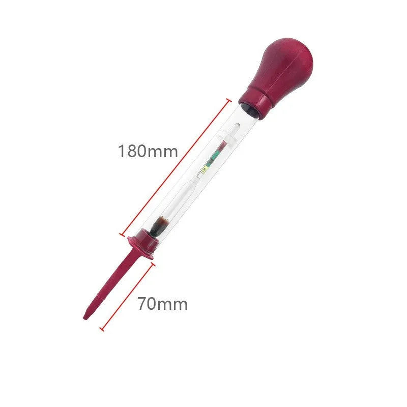 Red and black electrohydraulic automotive battery hydrometer with glass construction measuring 330 mm