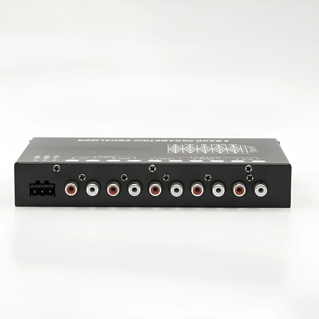 Black car audio EQ equaliser and frequency division amplifier with control panel and connection ports