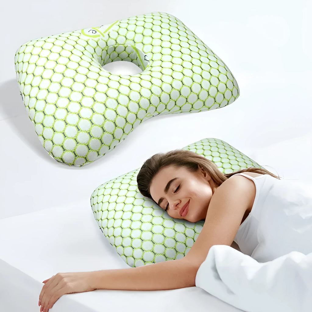 Single hole ear pillow for beauty salon use, shown in a plaid grey colour with detachable cover.