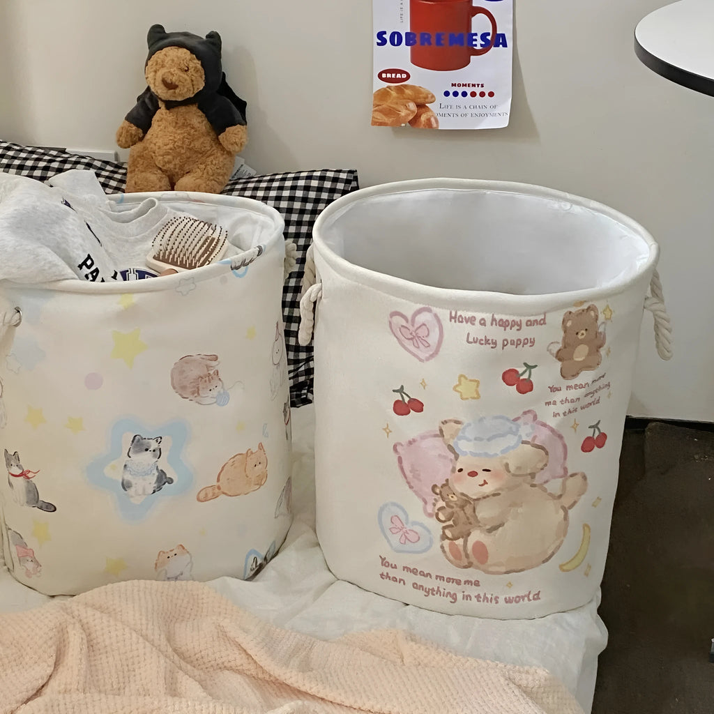 Foldable cotton laundry basket in a colourful design, shown unfolded for use.