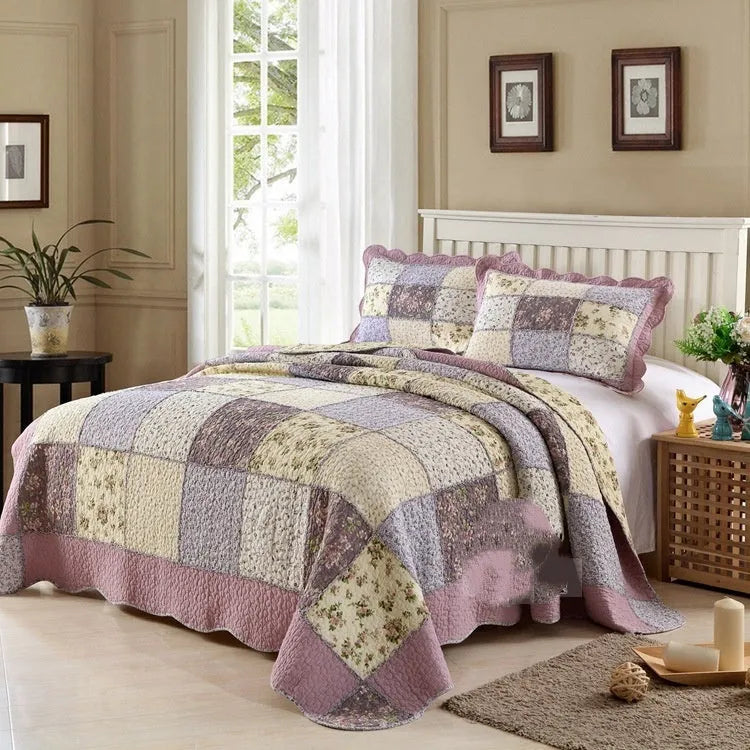 Pure cotton Korean style bedspread set with quilted texture on a bed, showing non-slip cover and matching pillowcases.