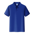 Men's short-sleeved cotton work shirt on a hanger, straight pullover style for embroidery.