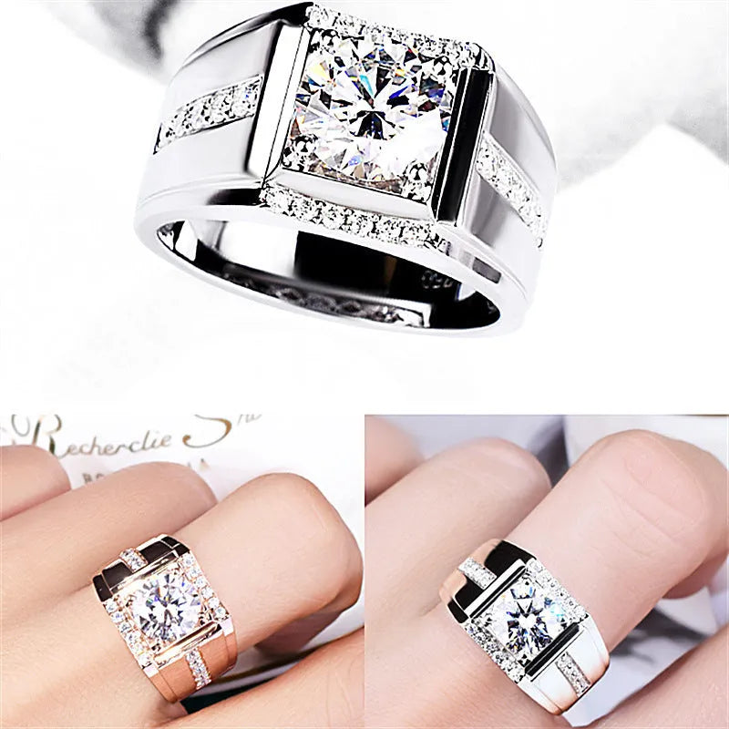 Men's adjustable diamond zircon ring in geometric design with electroplated metallic finish
