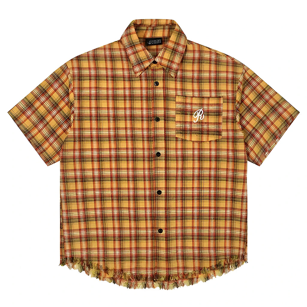Yellow plaid short sleeve shirt with embroidery pocket detail on front