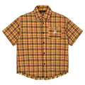 Yellow plaid short sleeve shirt with embroidery pocket detail on front