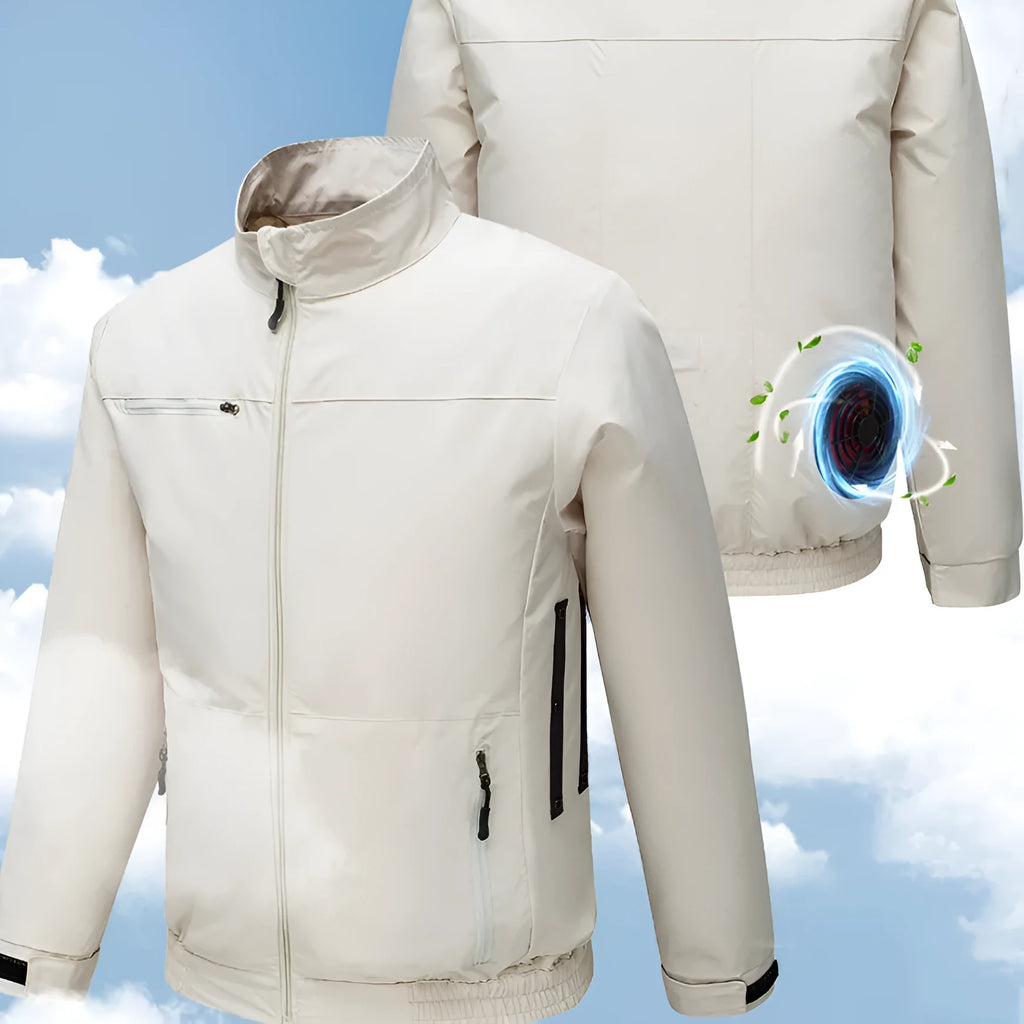 Men's black outdoor work jacket with ventilation holes for cooling fan unit