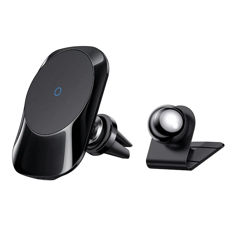 Black magnetic car wireless charger mounted on vehicle dashboard with phone attached