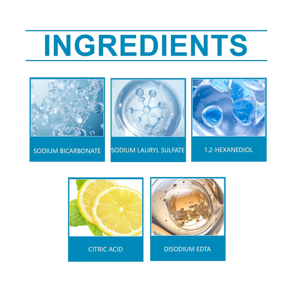 Four sachets of toilet cleaning powder with sodium bicarbonate and citric acid for descaling