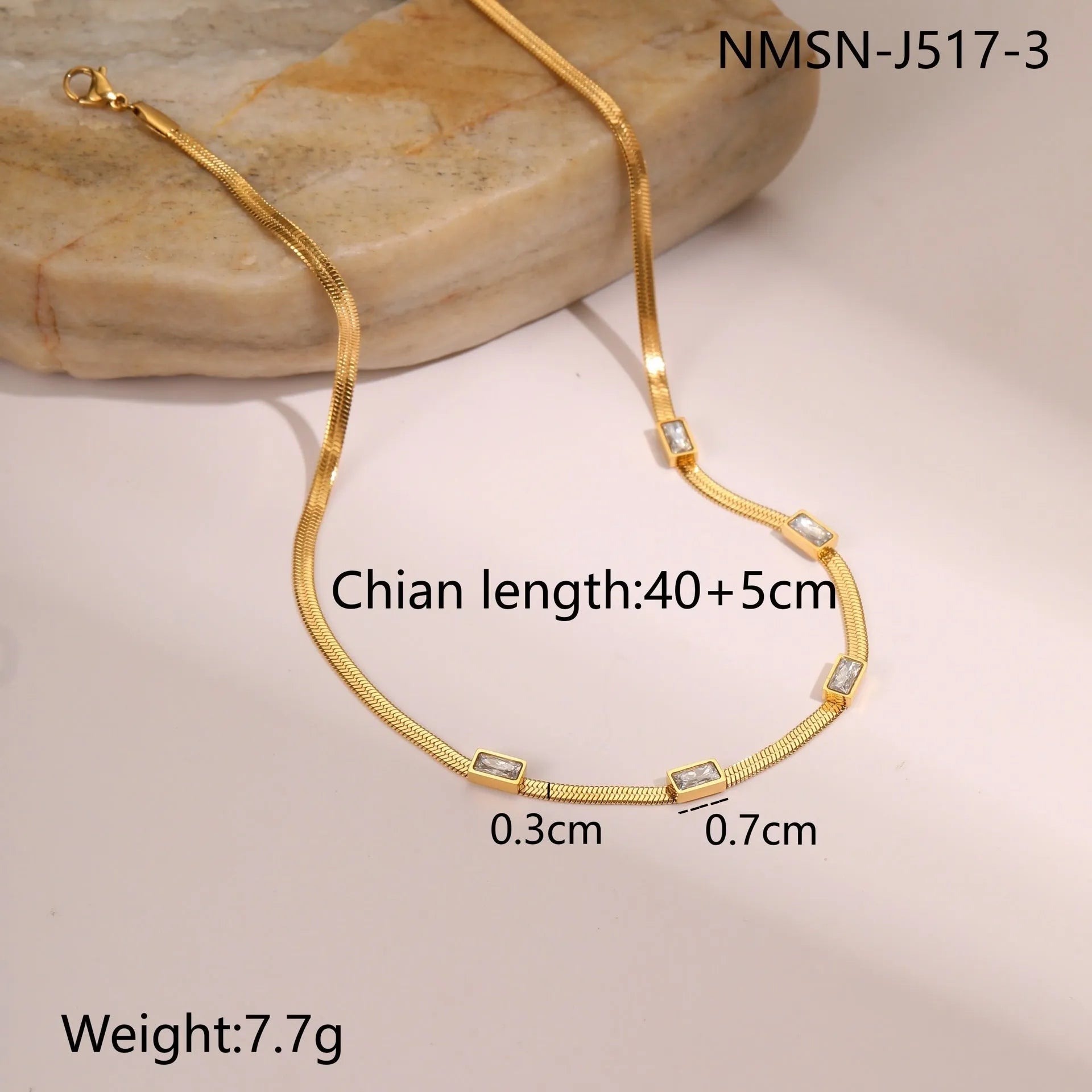 Geometric square zircon retro necklace with stainless steel flat snake chain and 18K gold plating