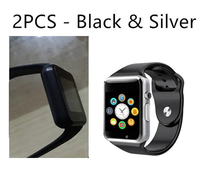 Android smart watch with 1.54-inch screen showing interface, available in black, silver, white, gold, pink, red, green and blue colours.