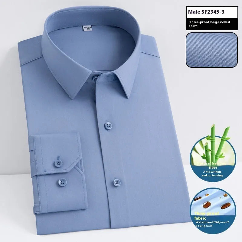 Men's slim fit bamboo fibre business shirt with square collar, shown in a solid colour.