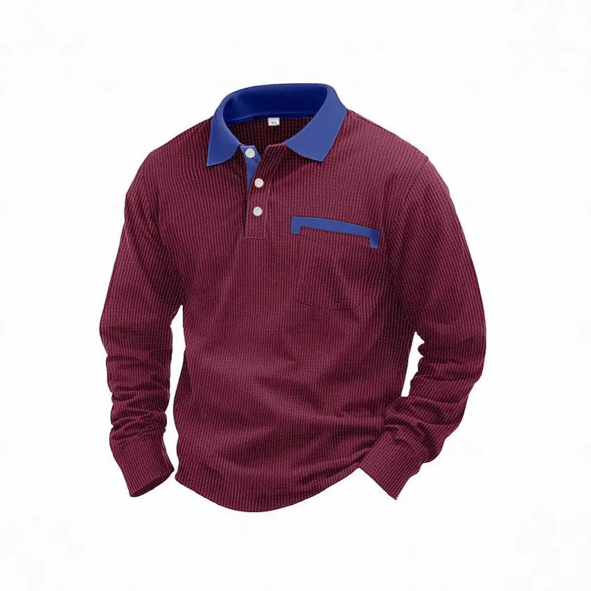 Men's waffle-textured polo shirt in wine red with asymmetric design and long sleeves.