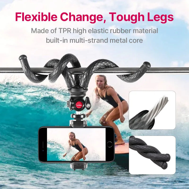 Black octopus leg tripod with extended aluminium shaft and attached mobile phone clip