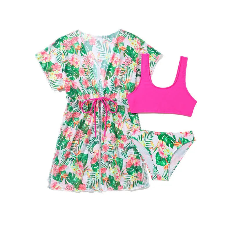 Girls' two-piece and women's three-piece floral swimsuit set in polyester