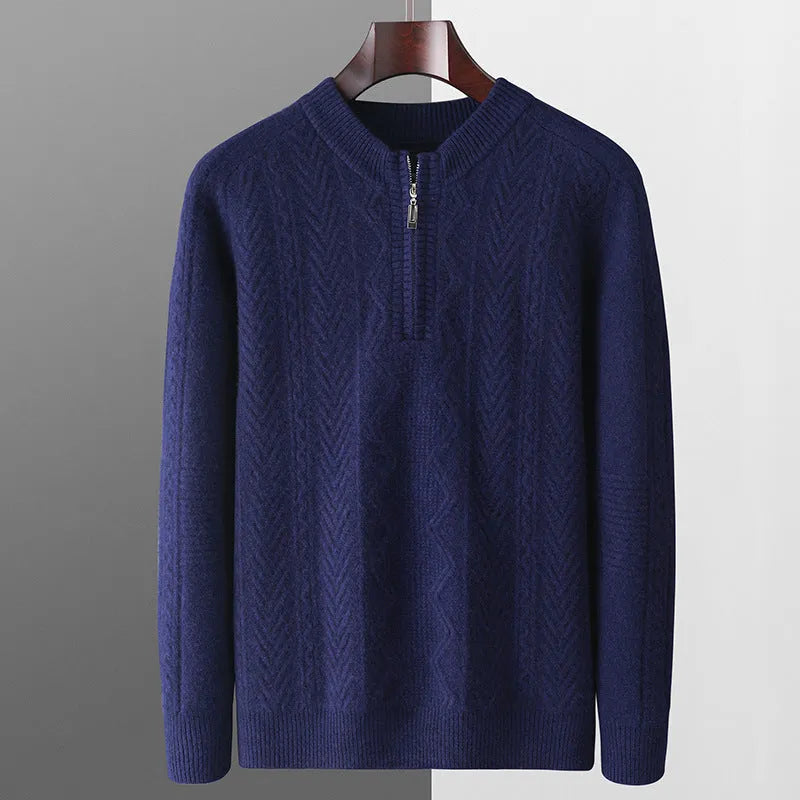 Men's pure wool diamond lattice pattern half-zip sweater in light camel colour