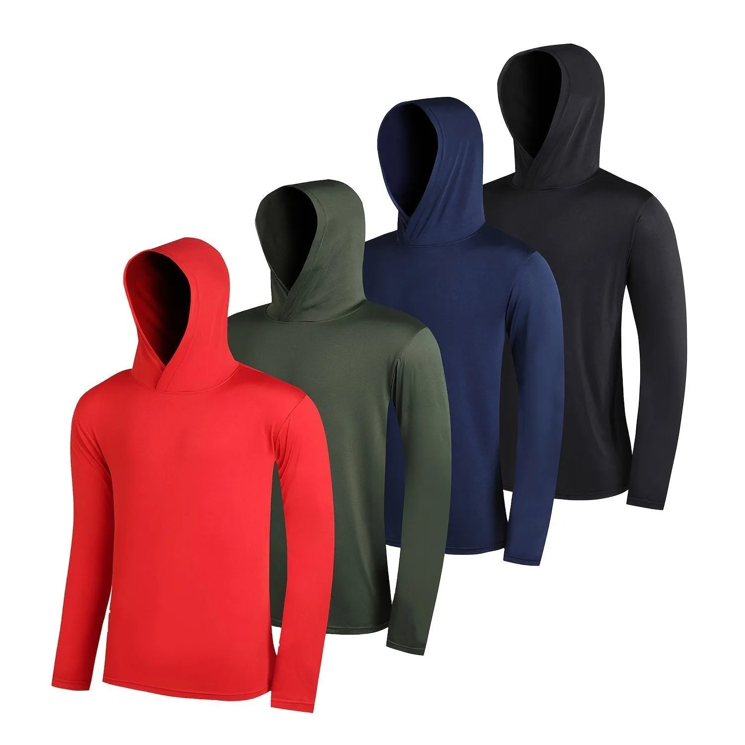 Four-pack of men's lightweight polyester hooded sweatshirts in various colours on hangers.