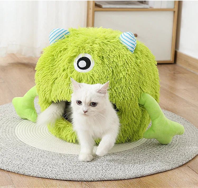 Fluffy round grey cat bed with a non-slip base shown in small, medium, and large sizes.