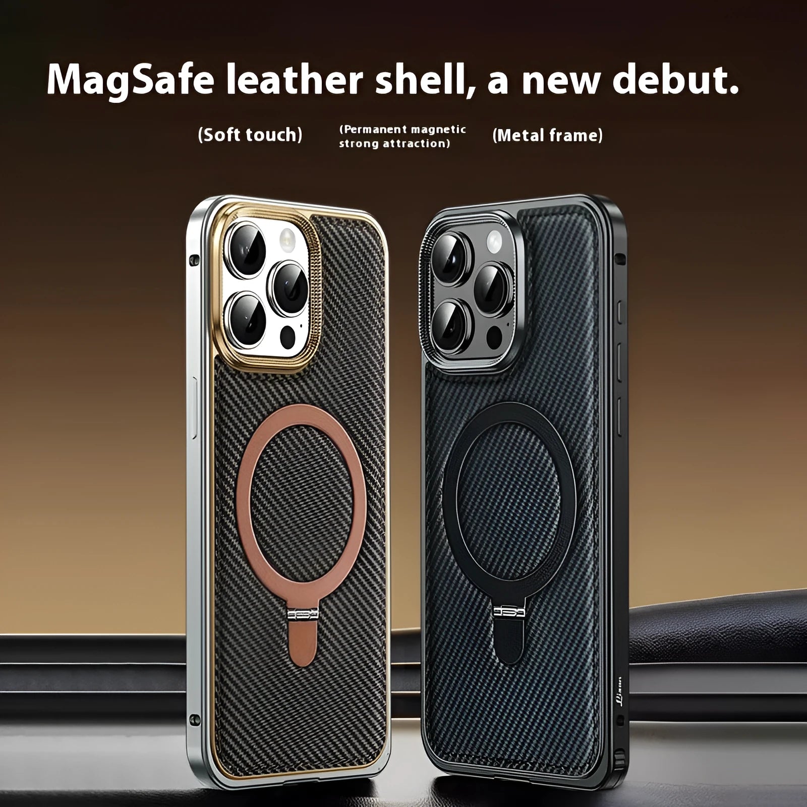 Metal frame carbon fiber pattern bracket phone case for Apple 14 in dark gray