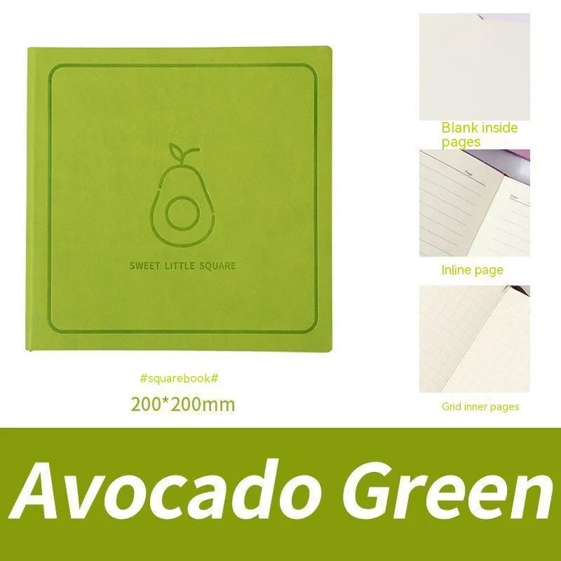 Square A5 mesh leather notebook in avocado green with French fold binding open on blank pages