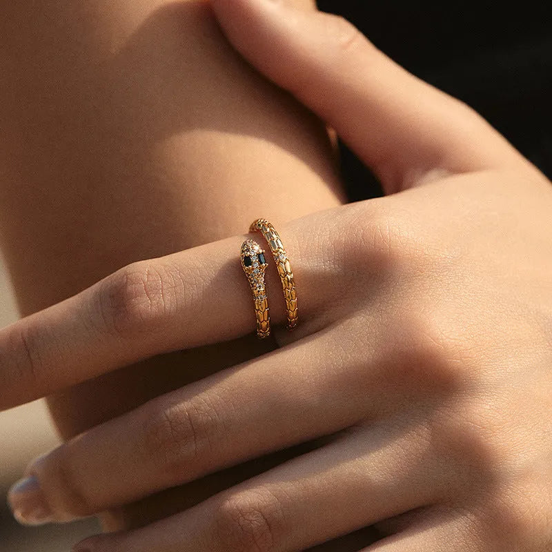 Adjustable snake-shaped copper index finger ring with 18K gold colour retention