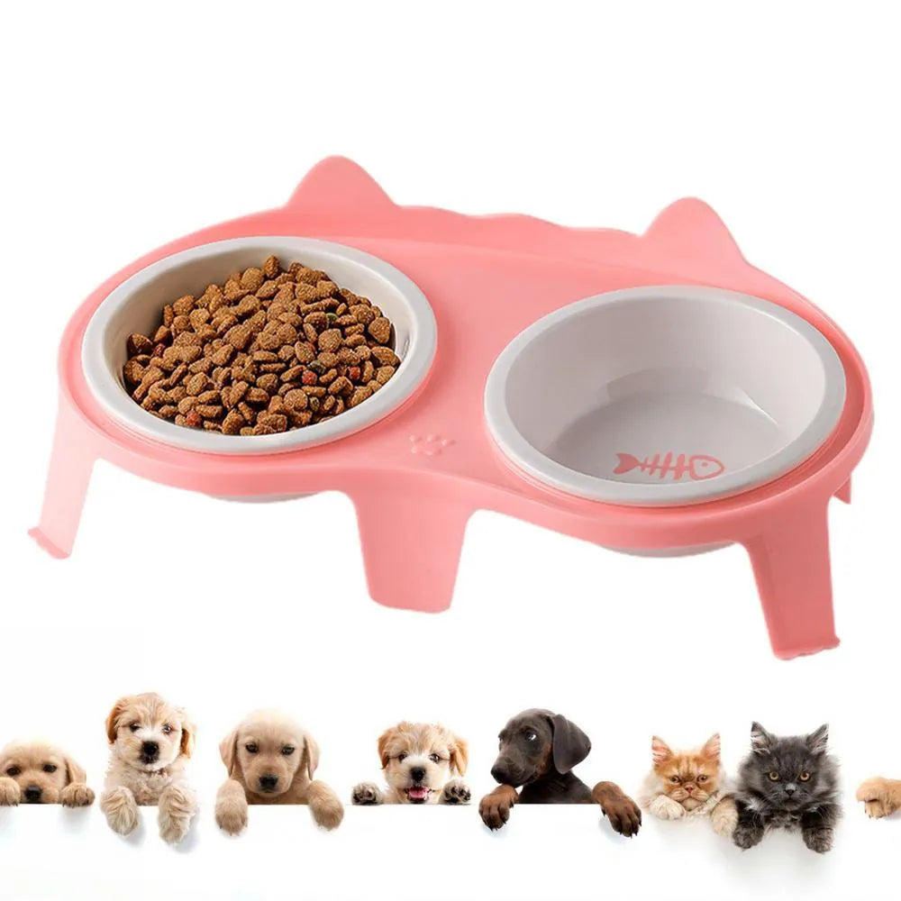 Ceramic cat bowl set with elevated tilted design on ABS stand, blue colour option