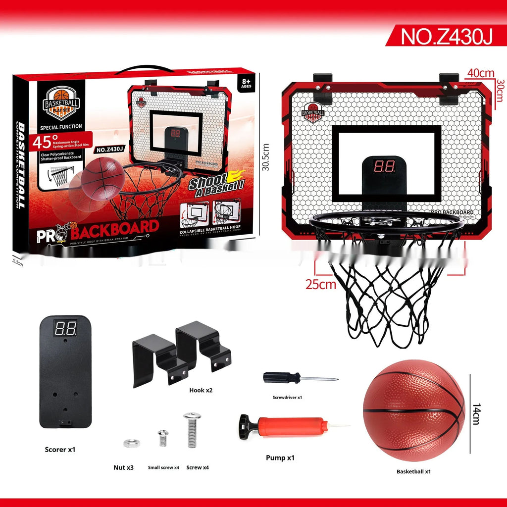 Red folding basketball frame with suction cups mounted on glass door showing scoring panel