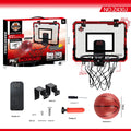 Red folding basketball frame with suction cups mounted on glass door showing scoring panel