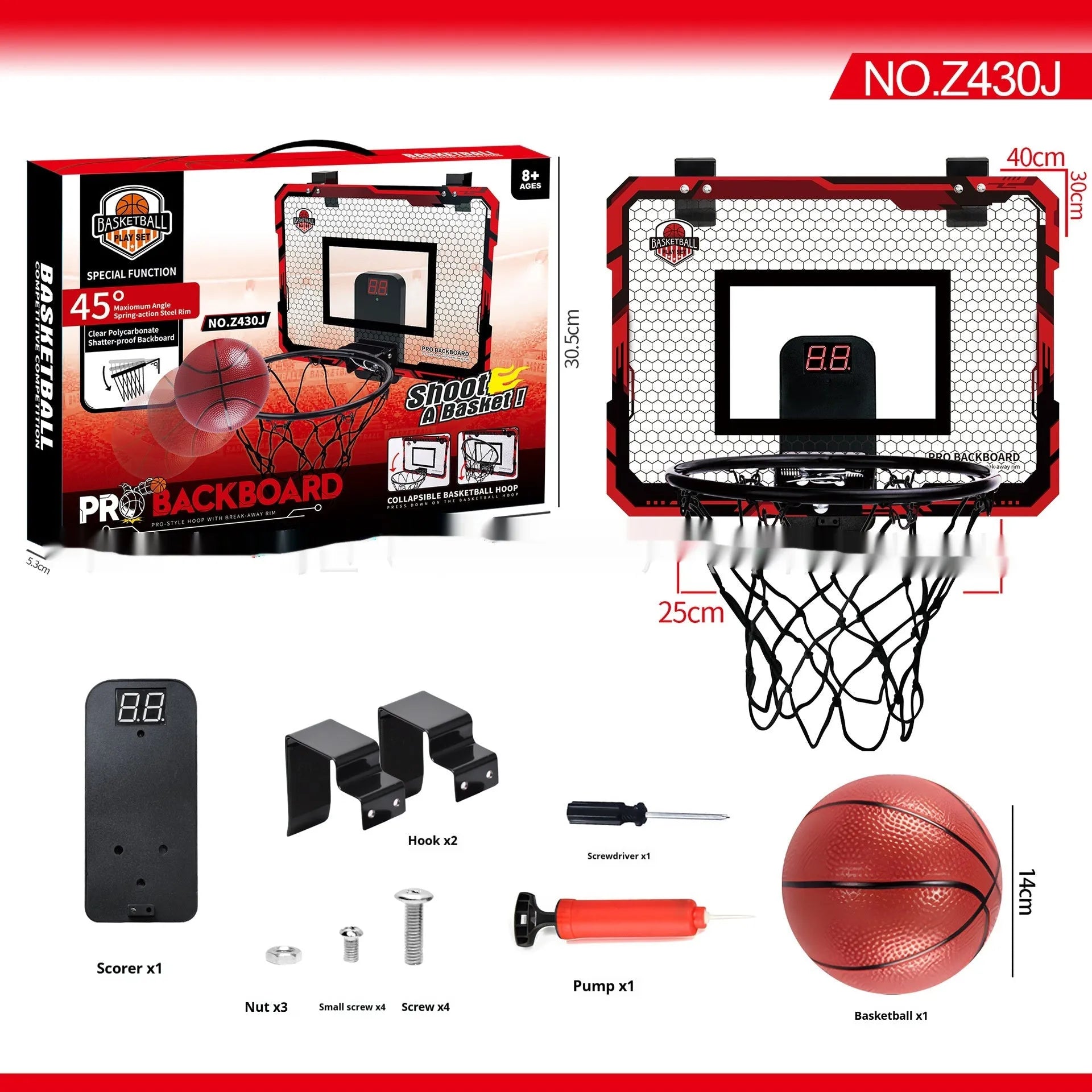 Red folding basketball frame with suction cups mounted on glass door showing scoring panel