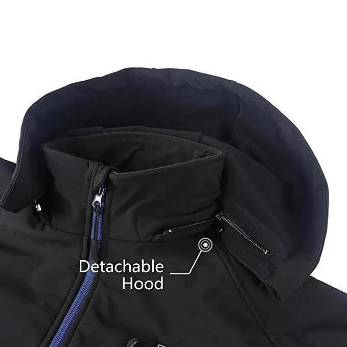 Black USB heating waterproof windproof thermal coat for men with zipper pockets and straight hem design