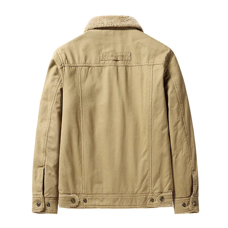 Men's fleece-lined thickened casual jacket with polo collar, cotton fabric, available in khaki, army green, dark blue
