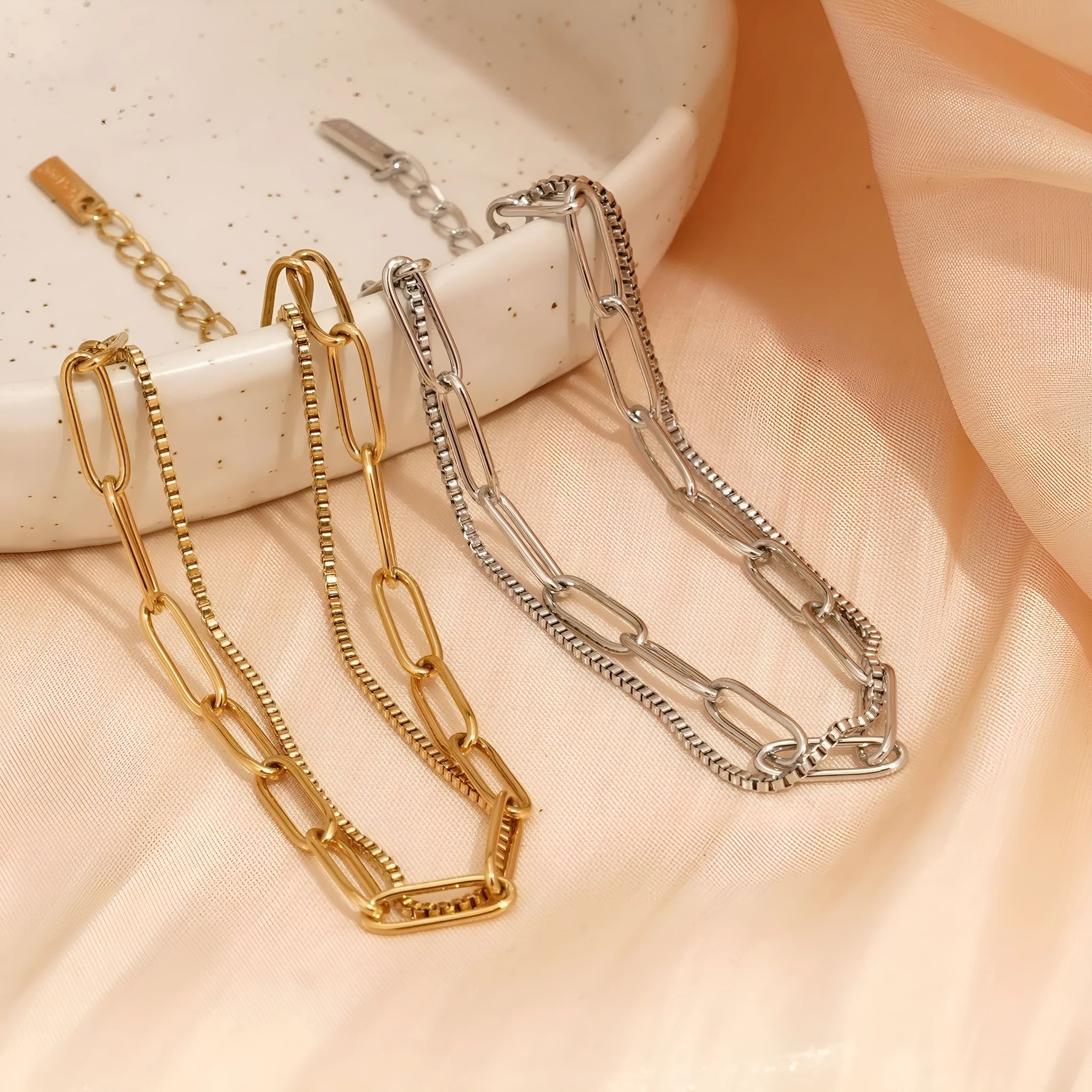 Double layer titanium steel women's bracelet with geometric line pattern in gold or silver finish