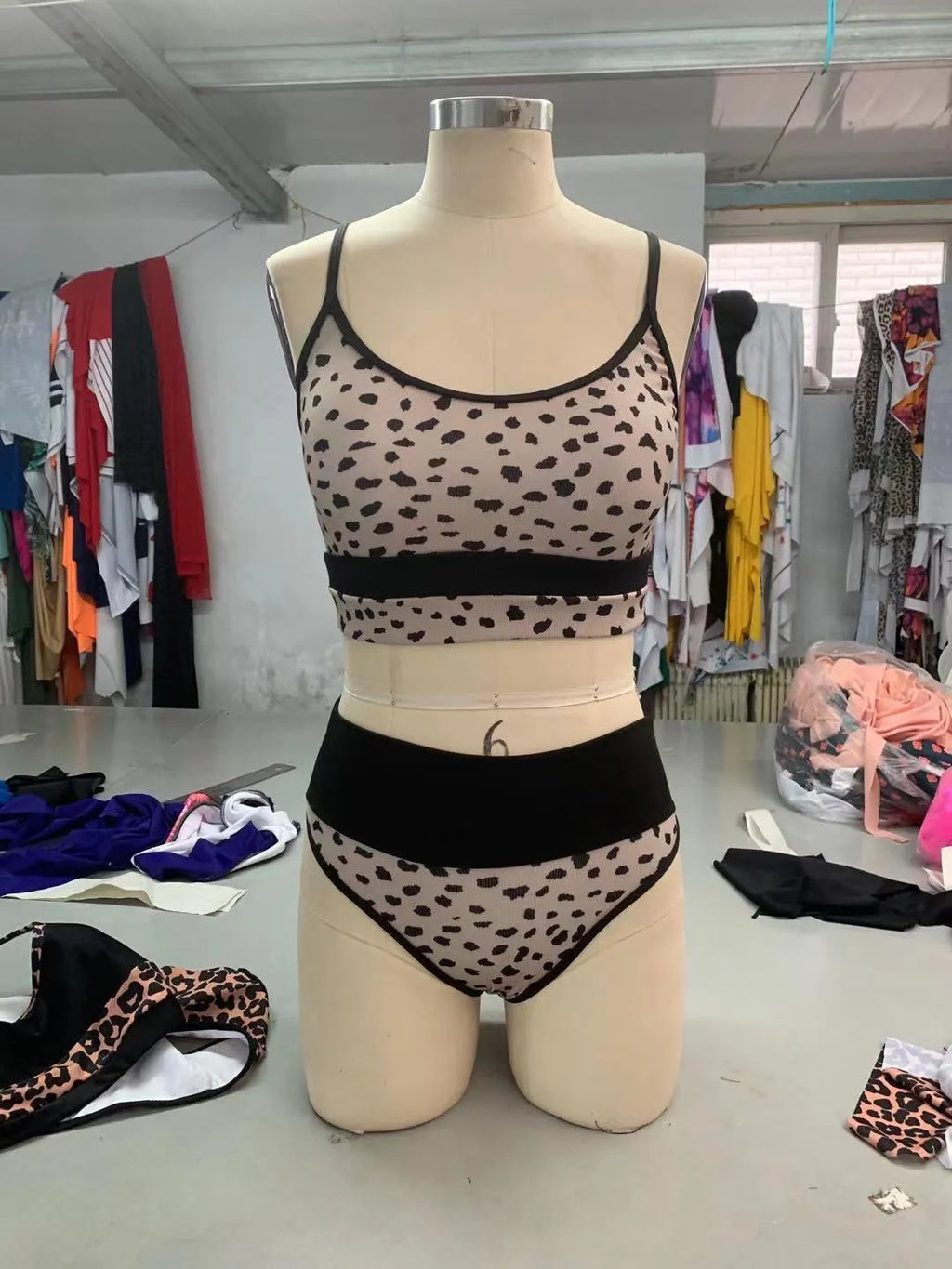 Women's high waist split front bikini swimsuit in leopard print or white