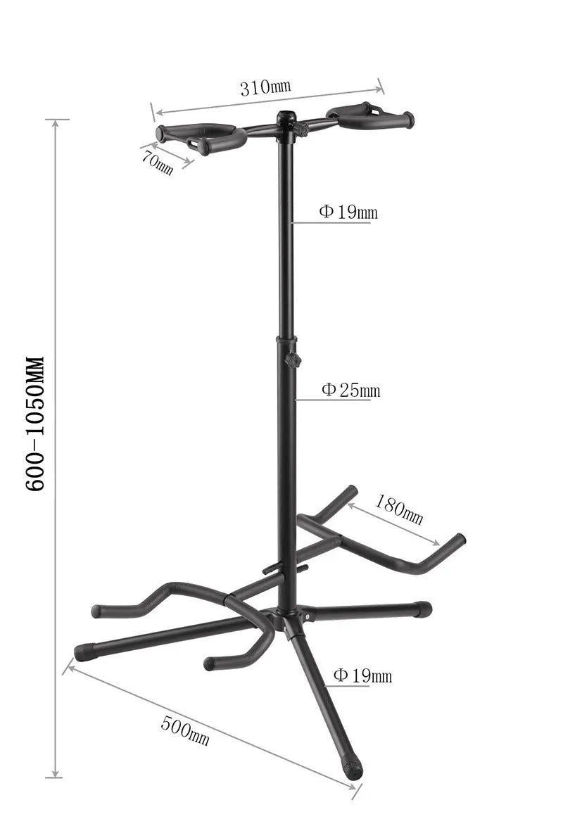 Black vertical double-headed adjustable guitar stand holding two instruments
