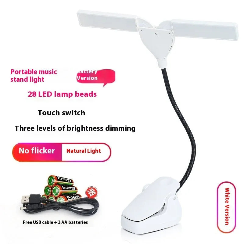 Black USB rechargeable music stand lamp with 28 LEDs mounted on a metal stand.