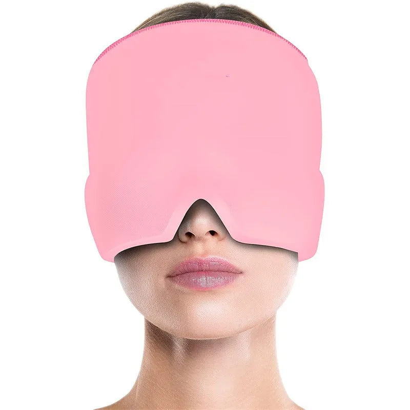 Cold therapy gel eye mask for headache relief in black colour on forehead