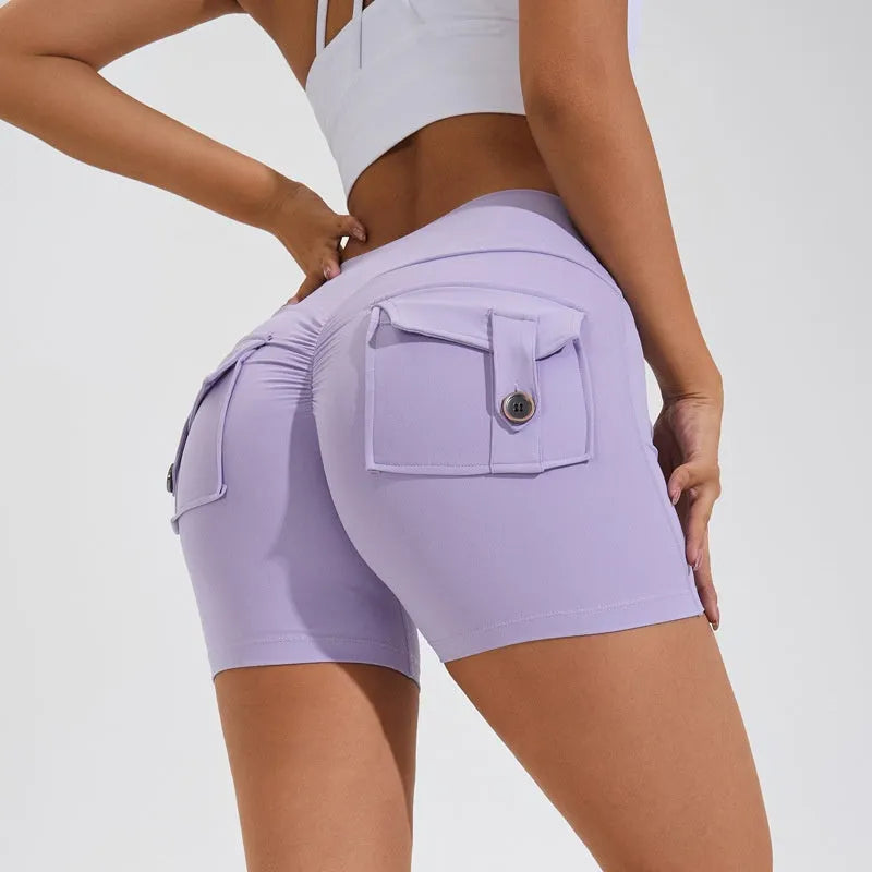 Women's high waist quick-dry nylon sports shorts with pockets in avocado green colour