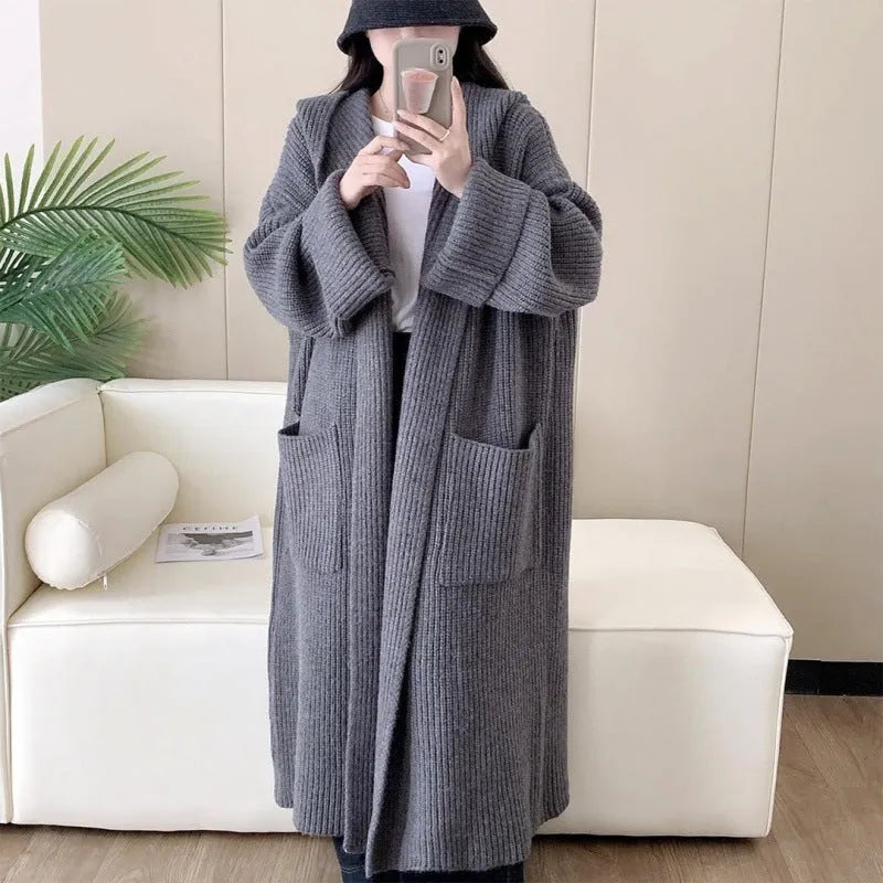 Women's loose hooded cardigan coat with raglan sleeves in acrylic fabric