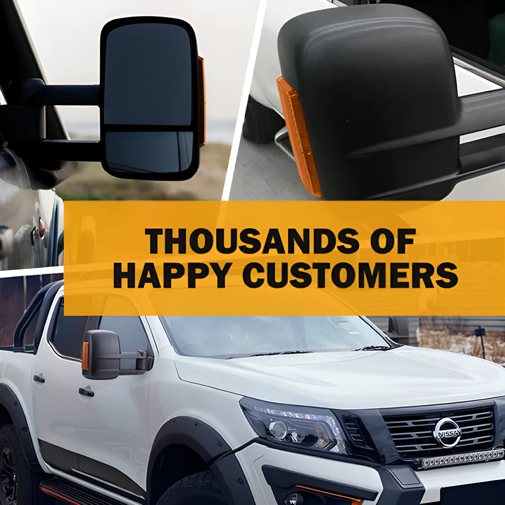 Pair of black electric wing mirrors with integrated side light for Nissan NP300 Navara.