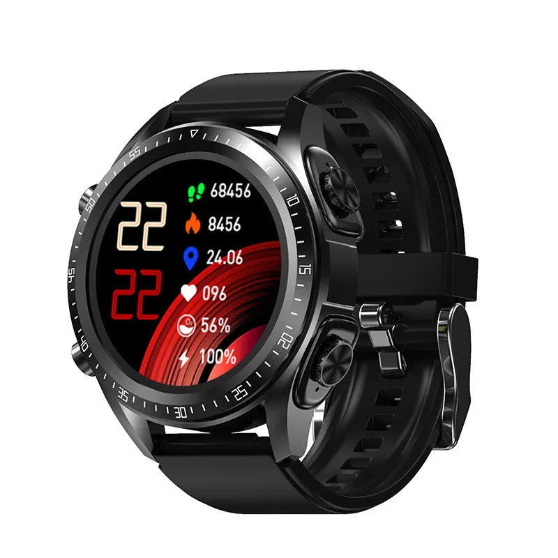 Black smartwatch with silicone strap displaying blood pressure and oxygen stats on its circular screen.