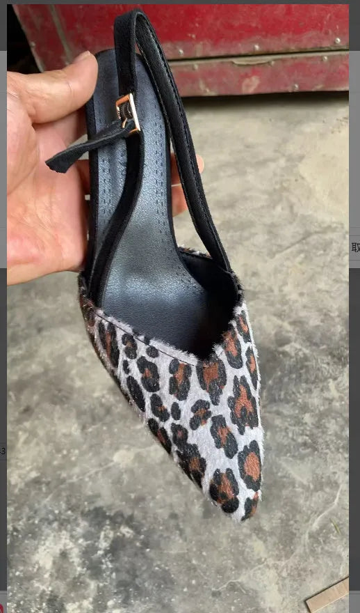 Leopard print suede women's sandals with a scattered pointed toe design