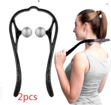 Blue plastic hand-held neck massager with adjustable rollers on a flexible stand.