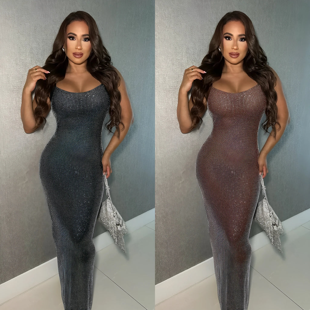 Women's mesh drilling backless bodycon dress in C7551 Black, polyester, long sheath style