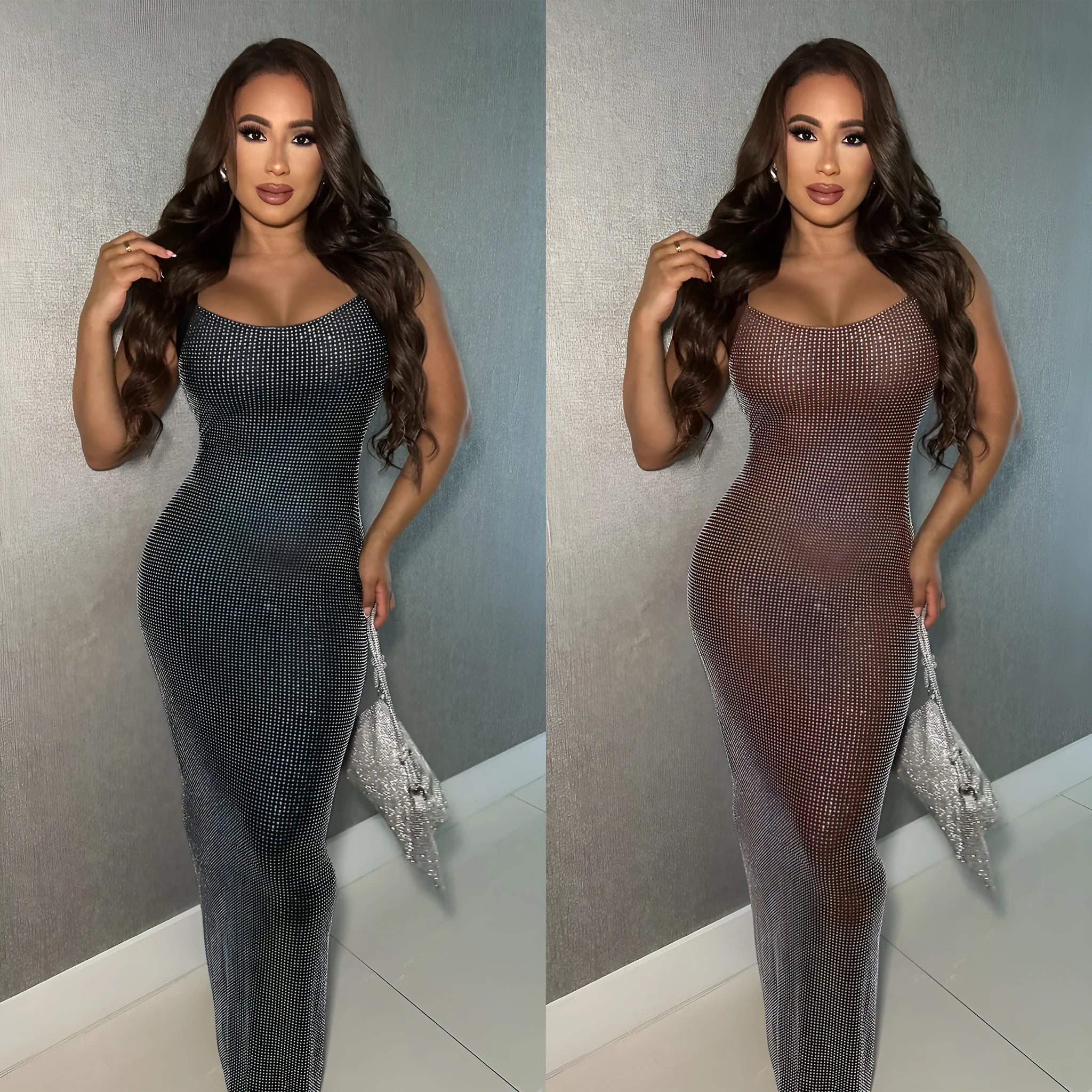 Women's mesh drilling backless bodycon dress in C7551 Black, polyester, long sheath style