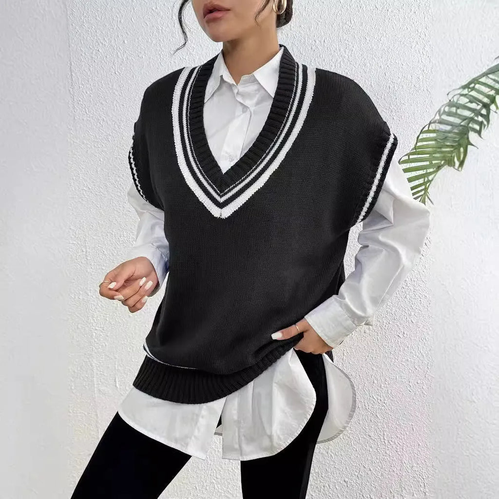 Women's loose acrylic vest sweater in black, blue and coffee colours with college style design