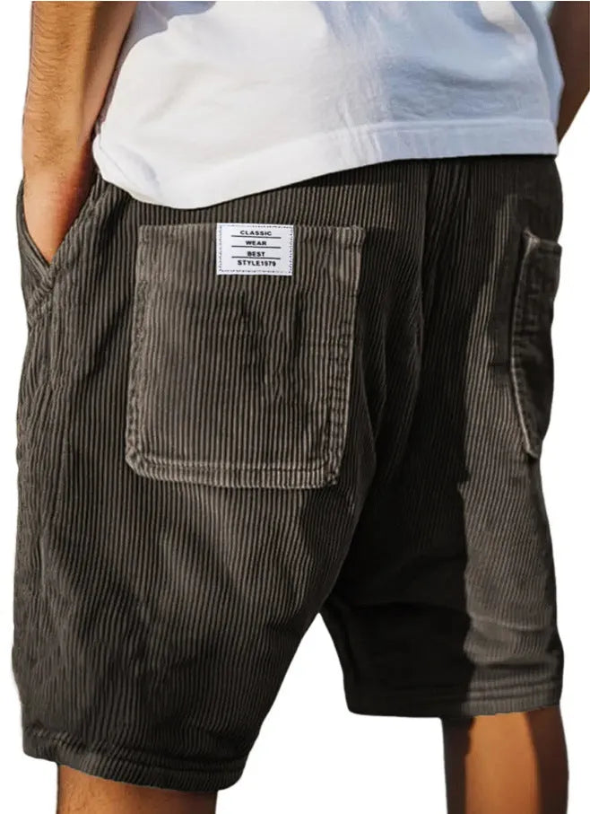 Men's grey corduroy shorts with multiple pockets and embroidery detail, straight-leg summer design