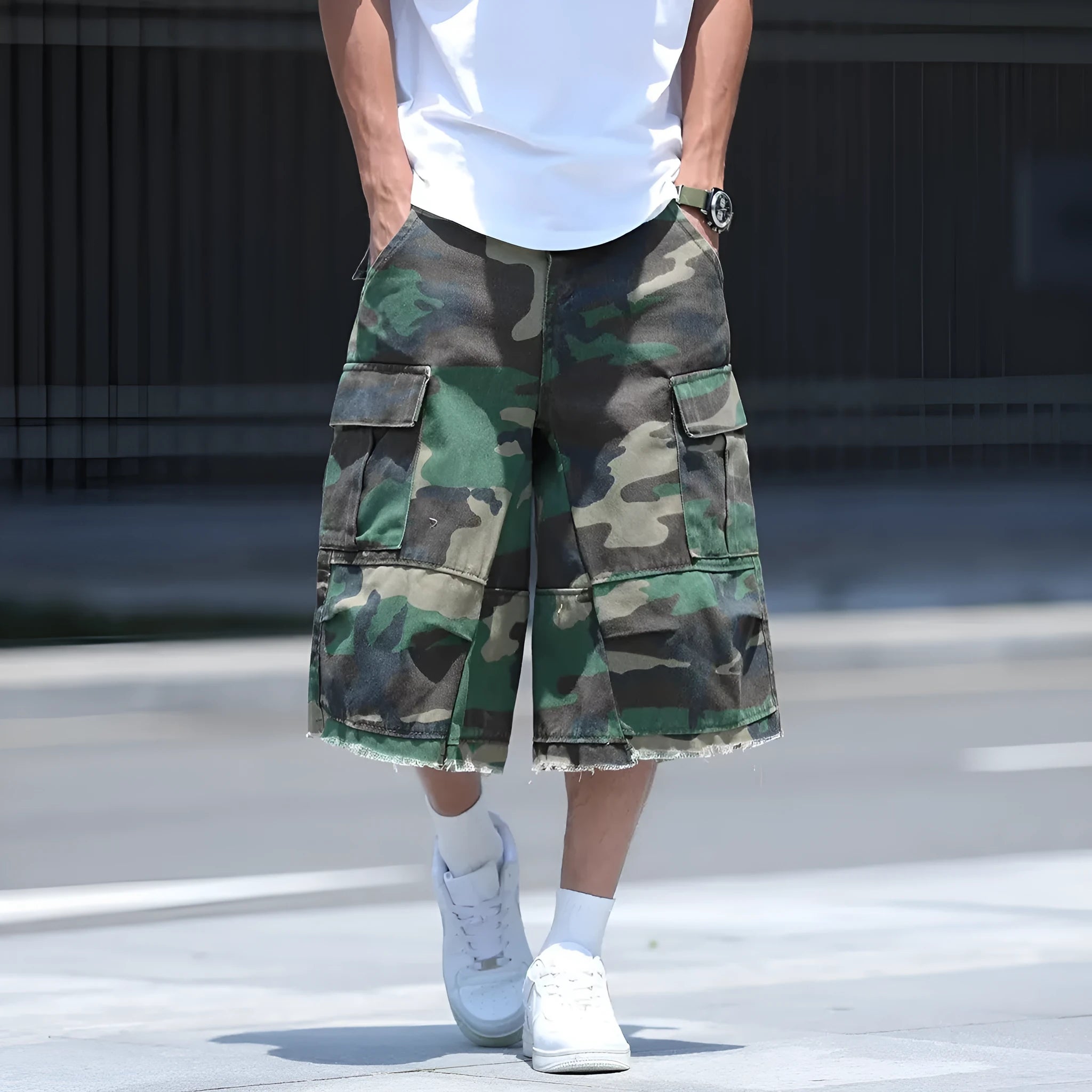 American-style retro workwear camouflage shorts with loose cropped fit in summer camouflage colours