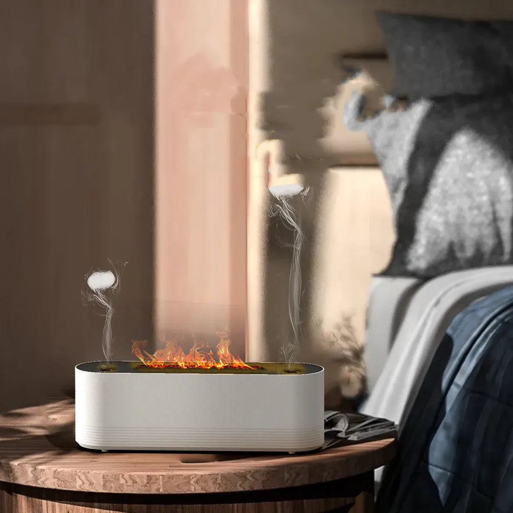 Black Flame Air ultrasonic humidifier diffuser with LED lights on a wooden table.