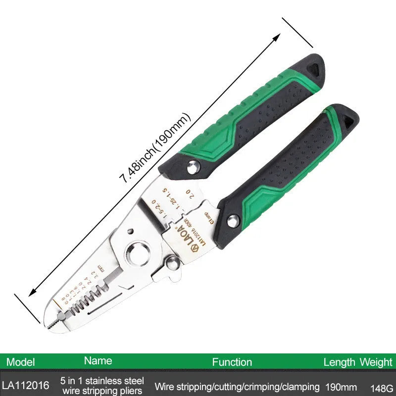 Stainless steel wire stripper tool with two-colour handle and seven labelled stripping apertures