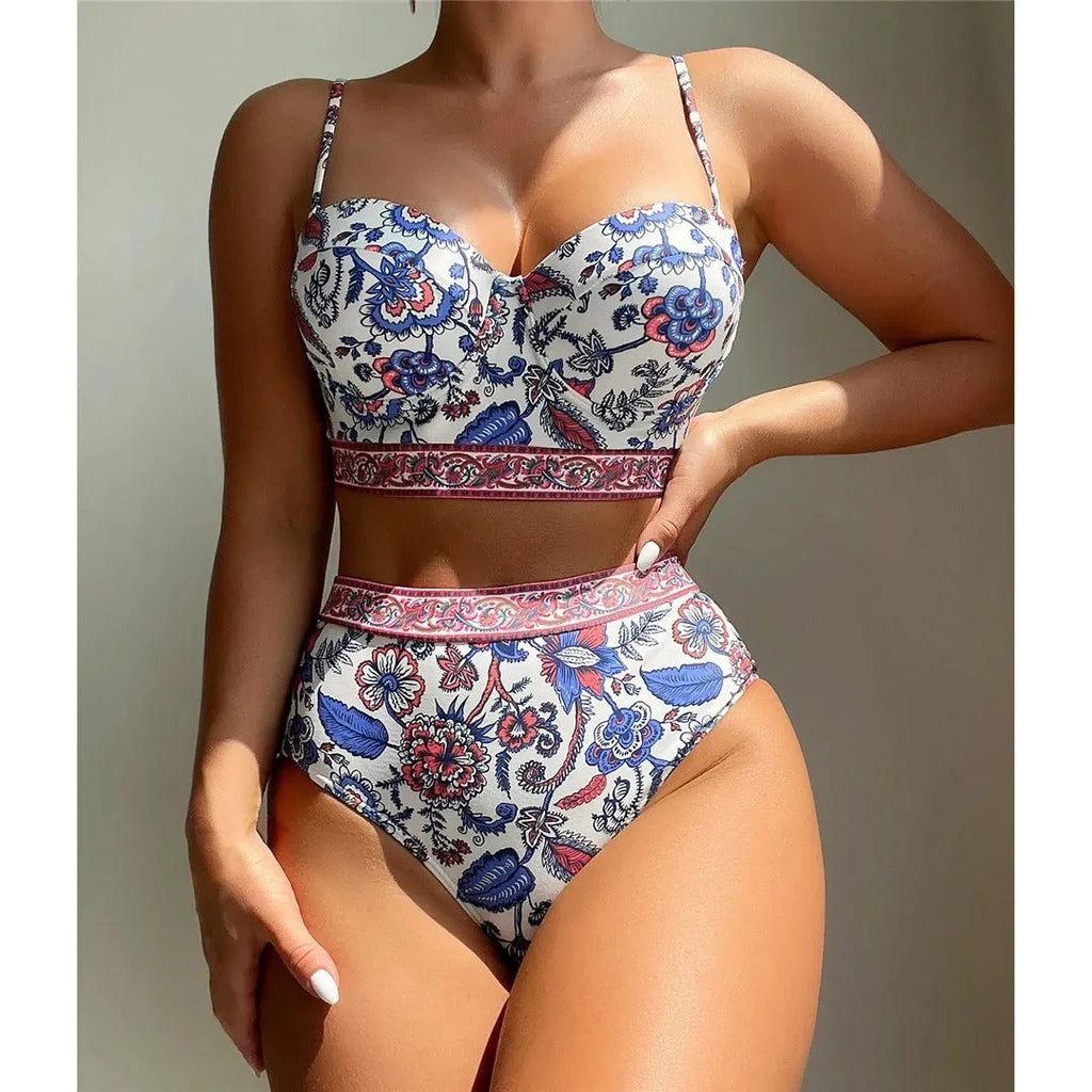 Blue high-waist push-up bikini for women on a mannequin showing front and back views