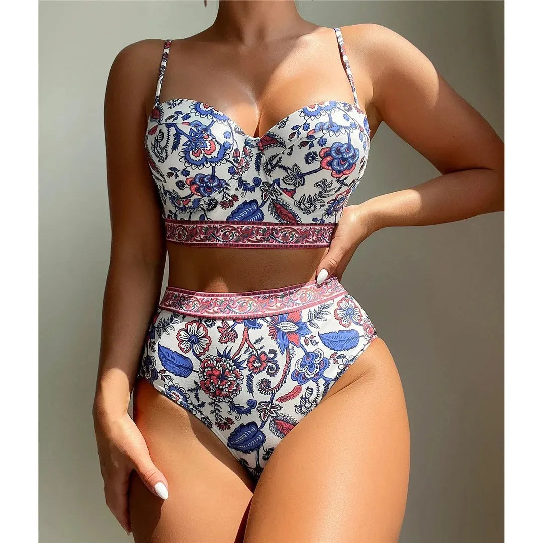 Blue high-waist push-up bikini for women on a mannequin showing front and back views
